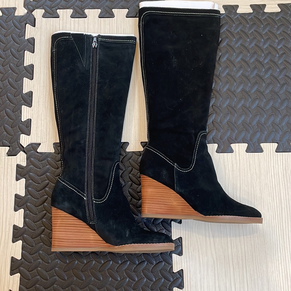 Loft | Black Talk Suede Wedge Heel Boots Size 6.5